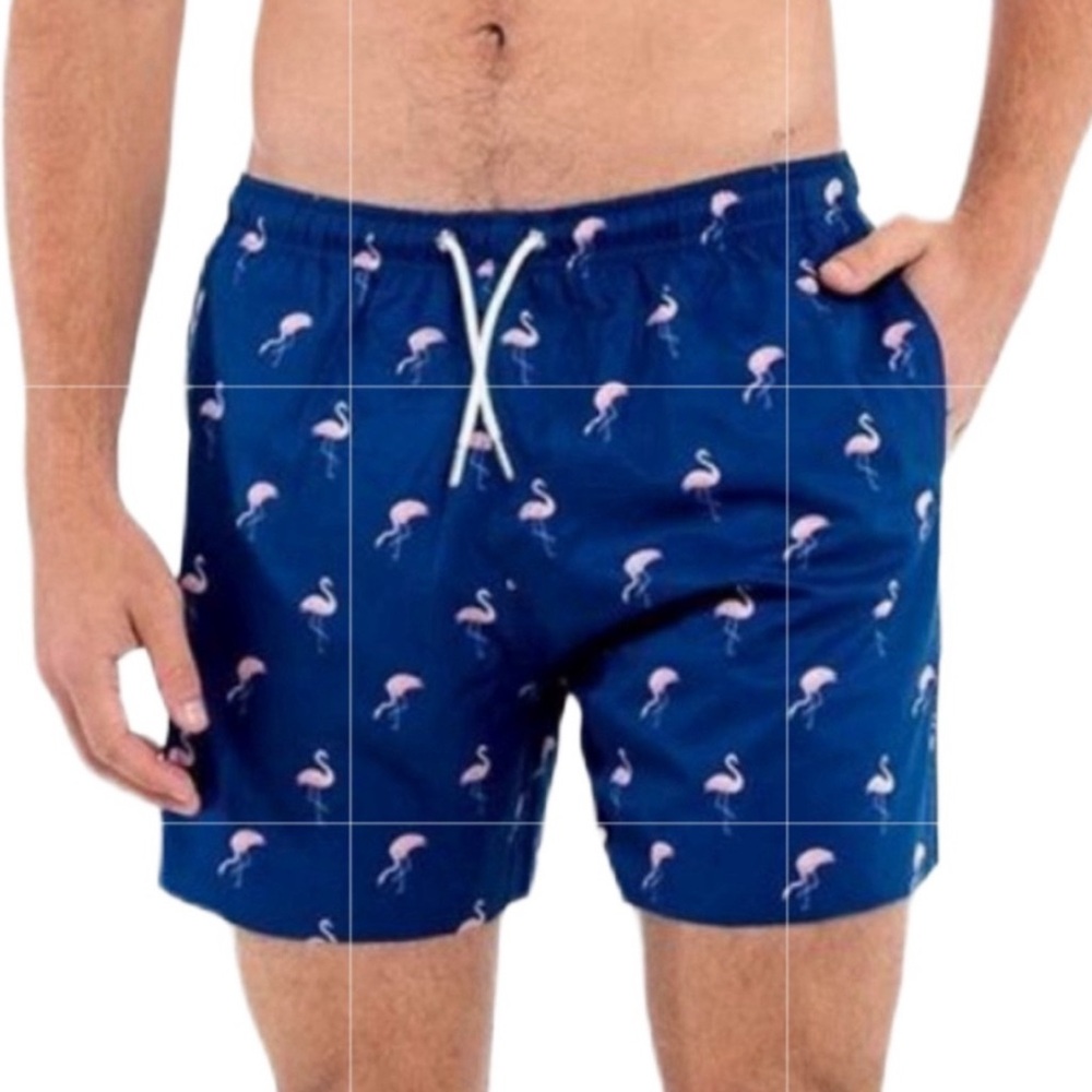 Bermie’s blue flamingo print classic 5.5 inch inseam swim trunks